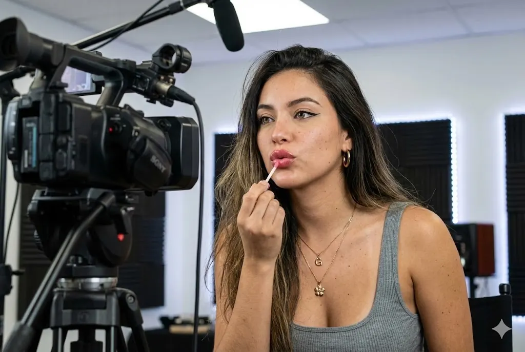 A Latina creator filming beauty content in a studio
